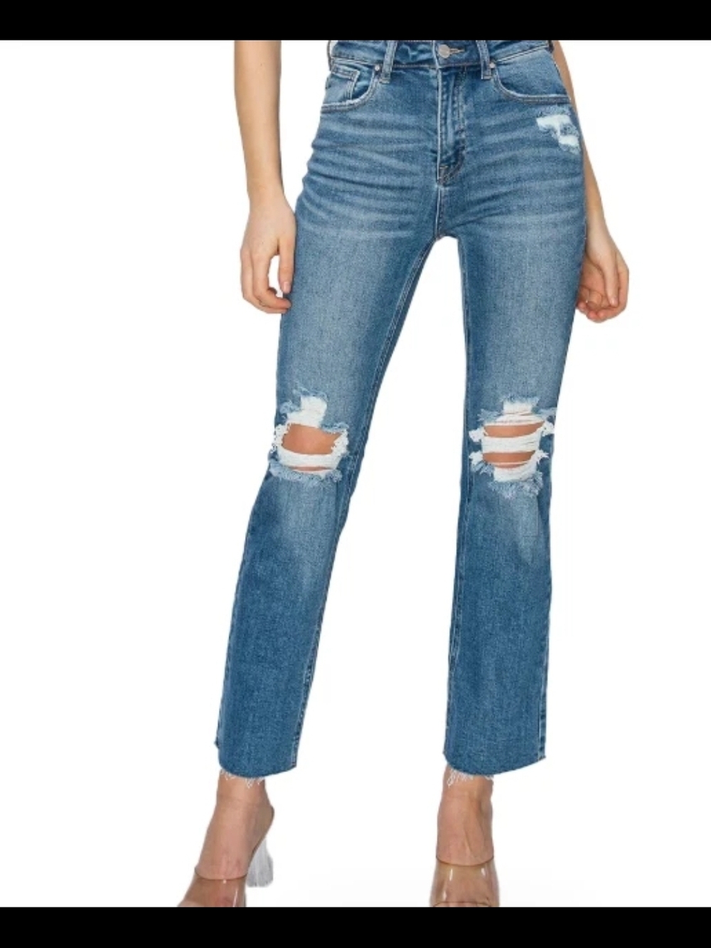 Risen Women's High-Rise Distressed Straight Jeans - Blue